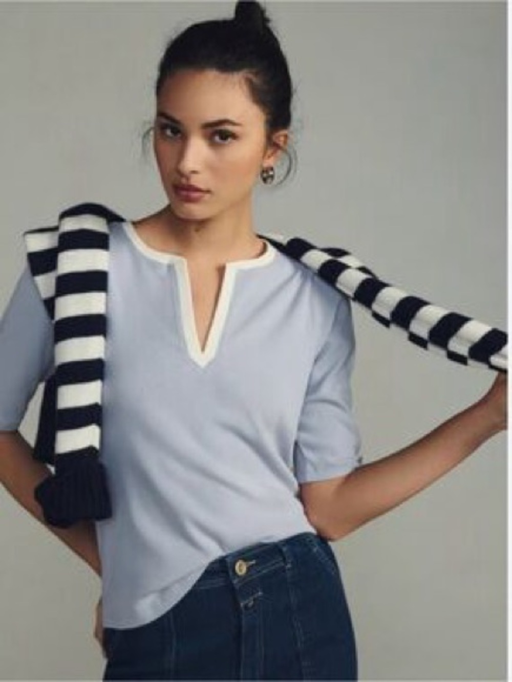 Anthropologie Maeve Split Neck Ribbed Short Sleeve Top Womens Size Small